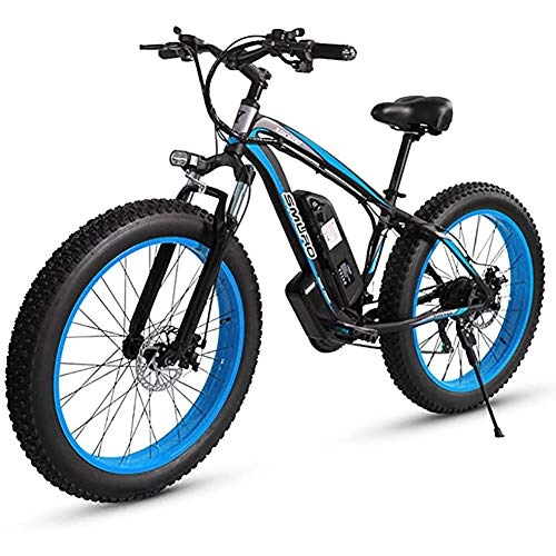Electric Mountain Bike : Adult Fat Tire Electric MTB, Aluminum Alloy 26 Inch Off Road Snow Bikes 350W 48V 15AH Lithium Battery Bicycle Ebike 27 Speeds 4.0 Wide Wheel Moped, Blue