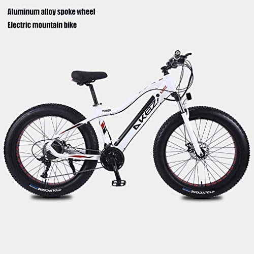Electric Mountain Bike : Alqn Adult Fat Tire Electric Mountain Bike, 27 Speed Snow Bikes, Portable 10Ah Li-Battery Beach Cruiser Bicycle, Lightweight Aluminum Alloy Frame, 26 inch Wheels, White, A