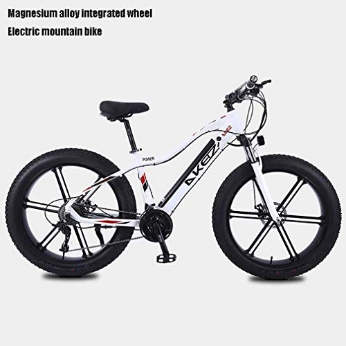 Electric Mountain Bike : Alqn Adult Fat Tire Electric Mountain Bike, Snow Bikes, Portable 10Ah Li-Battery Beach 27 Speed Cruiser Bicycle, Lightweight Aluminum Alloy Frame, 26 inch Wheels, White, A