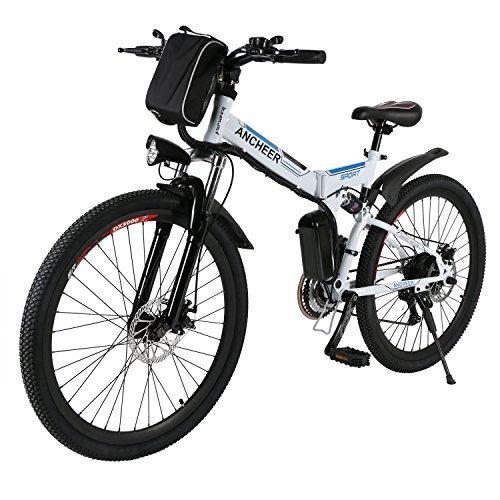 Electric Mountain Bike : ANCHEER Electic Mountain Bike, 26 inch Folding E-bike, 36V 250W Large Capacity Lithium-Ion Battery and Battery Charger, Premium Full Suspension and Shimano Gear (Schwarz) (Black) (White)