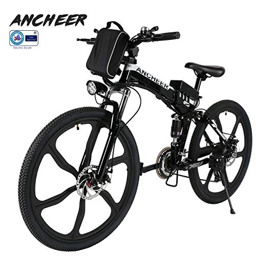 Electric Mountain Bike : ANCHEER Electric Mountain Bike, 26 Inch Folding E-bike with Super Lightweight Magnesium Alloy 6 Spokes Integrated Wheel, Premium Full Suspension and Shimano 21 Speed Gear