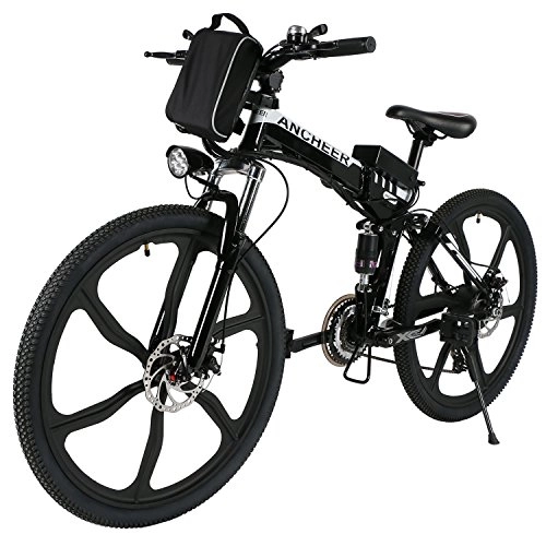 Electric Mountain Bike : ANCHEER Electric Mountain Bike, 26 Inch Folding E-bike with Super Lightweight Magnesium Alloy 6 Spokes Integrated Wheel, Premium Full Suspension and Shimano 21 Speed Gear (Folding - White, Medium)
