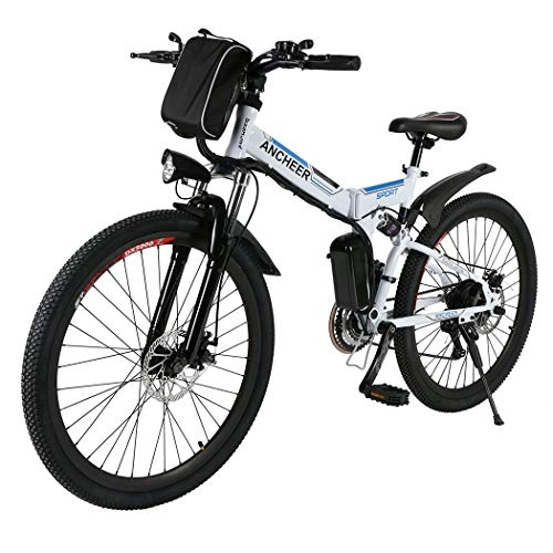 Electric Mountain Bike : ANCHEER Electric Mountain Bike, E-bike Citybike Commuter Bike with 36V Removable Lithium Battery Charging, Electric Bike Shimano 21 Speed Gear and Two Working Modes (26" folding white.)