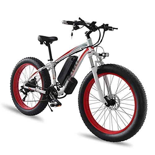 Electric Mountain Bike : AORISSE Electric Bike, Adult 26" 21 Speed Fat Tire Bike 48V 13AH Battery Electric Bicycle Snow Beach Mountain Ebike Throttle & Pedal Assist, White Red