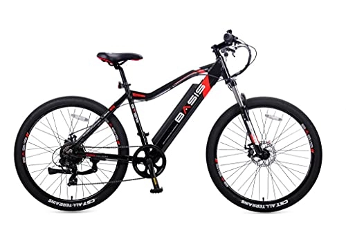Electric Mountain Bike : Basis Beacon Electric Mountain Bike 19" Frame Shimano Equipped Hardtail E-MTB, 27.5" Wheel Lightweight Alloy Frame with 8.8Ah 36V Semi-Integrated Battery, 250W motor, LCD Display, Black Red