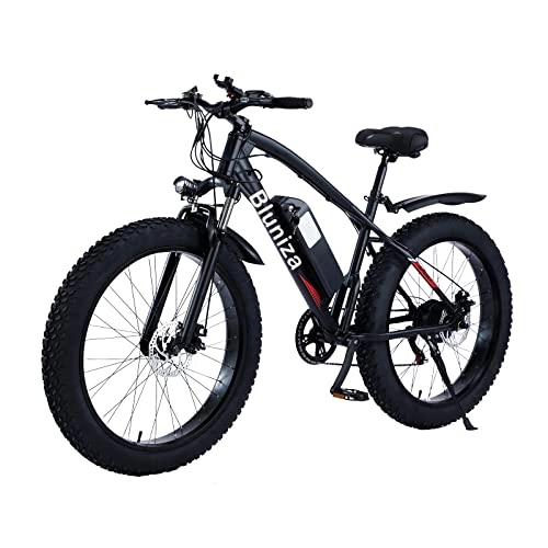 Electric Mountain Bike : Bluniza 26” Electric Mountain Snow Bike - Fat Tire Bicycle 500W Powerful Motor Electric Bicycle with 48V 12AH Lithium Battery, Beach Mountain E-bike, 7 Speed Transmission Gears for Adults - Black