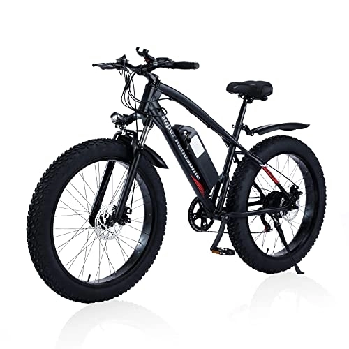 Electric Mountain Bike : Bluniza 26” Electric Mountain Snow Bike - Fat Tire Bicycle Powerful Motor Electric Bicycle with 48V 12AH Lithium Battery, Beach Mountain E-bike, 7 Speed Transmission Gears for Adults - Black