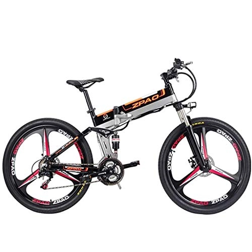 Electric Mountain Bike : BNMZXNN 26-inch folding electric bike, mountain bike, 48V15ah, 350W, double suspension and 21-speed Shimano (removable lithium battery), Black three knife wheel-26 inches
