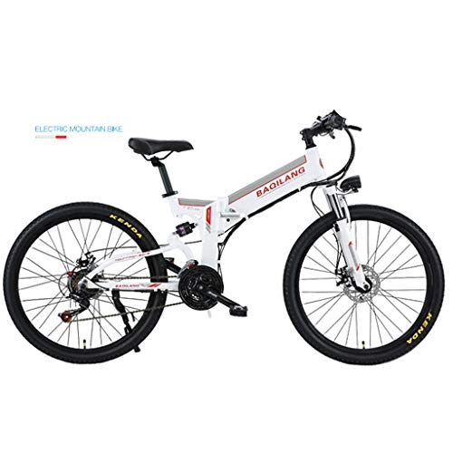 Electric Mountain Bike : BNMZXNN Folding electric mountain bike, lithium battery assisted bicycle, 350W off-road bicycle, 26 inch 48V10A90km21 speed Shimano, White-Spoke wheel double battery version