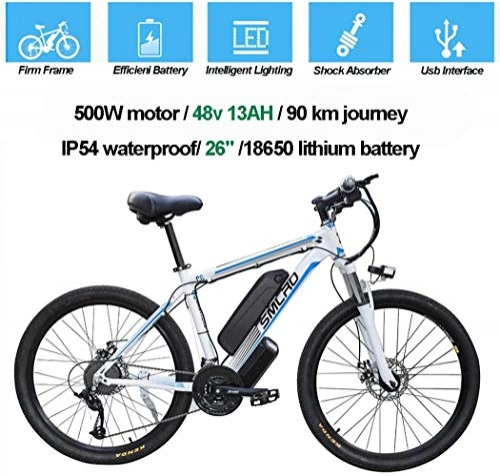 Electric Mountain Bike : BWJL Electric Bicycles for Adults, Ip54 Waterproof 500W 1000W Aluminum Alloy Ebike Bicycle Removable 48V / 13Ah, Lithium-Ion Battery Mountain Bike / Commute Ebike, white blue, 1000W