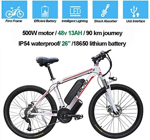 Electric Mountain Bike : BWJL Electric Bicycles for Adults, Ip54 Waterproof 500W 1000W Aluminum Alloy Ebike Bicycle Removable 48V / 13Ah, Lithium-Ion Battery Mountain Bike / Commute Ebike, white red, 1000W