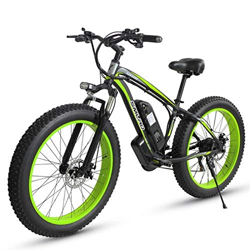 Electric Mountain Bike : CNRRT 26-inch electric mountain bike, rear wheel brush 350W motor, mobile 48V15AH lithium battery, professional 21 speed beach snow electric bicycle, double disc brake (Color : Black Green)
