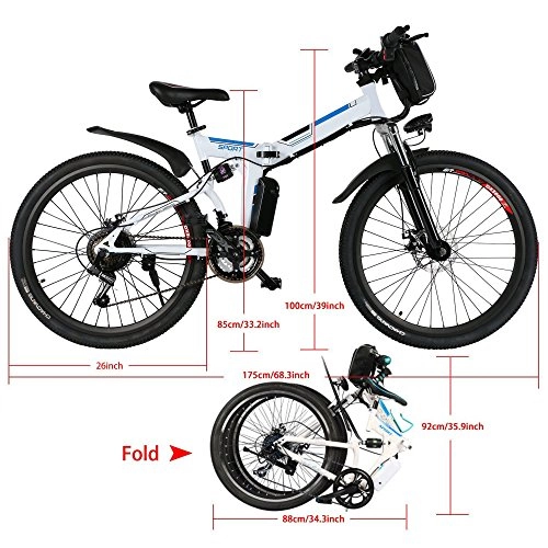 Electric Mountain Bike : Cooshional Electric Mountain Bike for Men, 26 Inch Wheel Folding Bike with Large Capacity Lithium-Ion Battery, Premium Full Suspension and Shimano Gear 250W 36V (UK STOCK)