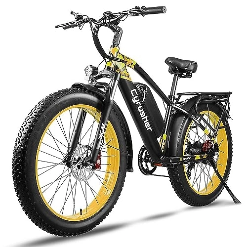 Electric Mountain Bike : Cyrusher 26" Electric Bike For Adults, XF650 Mountain Ebike 250W 48V 13Ah, 26" x 4" Fat Tire, Shimano 7-Speed, Front Suspension, Yellow