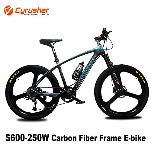 Electric Mountain Bike : Cyrusher S600 Carbon Fiber Mountain Ebike 36V 250W Electric Bicycle 27 Speeds Hydraulic Disc Brakes Mens Bike with Lithium Battery (Blue)