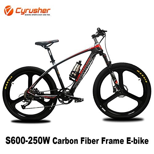 Electric Mountain Bike : Cyrusher S600 Carbon Fiber Mountain Ebike 36V 250W Electric Bicycle 27 Speeds Hydraulic Disc Brakes Mens Bike with Lithium Battery (Red)