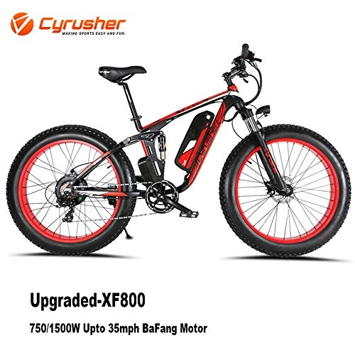Electric Mountain Bike : Cyrusher Upgraded XF800 26inch Fat Tire Electric Bike 750 / 1500W Upto 35mph BaFang Motor 48V Mens Women Mountain e-Bike Pedal Assist, Lithium Battery Full Suspension Hydraulic Disc Brakes(Red)