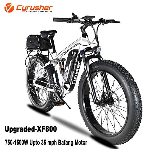 Electric Mountain Bike : Cyrusher Upgraded XF800 26inch Fat Tire Electric Bike 750 / 1500W Upto 35mph BaFang Motor 48V Mens Women Mountain e-Bike Pedal Assist, Lithium Battery Full Suspension Hydraulic Disc Brakes(White)
