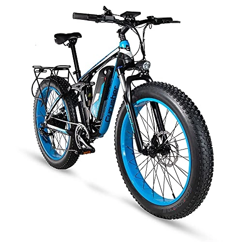 Electric Mountain Bike : Cyrusher Upgraded XF800 Electric Mountain Bike 750W / 1500W Upto 35mph 26inch Fat Tire e-Bike 7 Speeds Beach Cruiser Sports Mountain Bikes Full Suspension, Lithium Battery Hydraulic Disc Brakes(Blue)