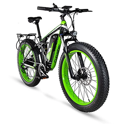 Electric Mountain Bike : Cyrusher Upgraded XF800 Electric Mountain Bike 750W / 1500W Upto 35mph 26inch Fat Tire e-Bike 7 Speeds Beach Cruiser Sports Mountain Bikes Full Suspension, Lithium Battery Hydraulic Disc Brakes(Green)