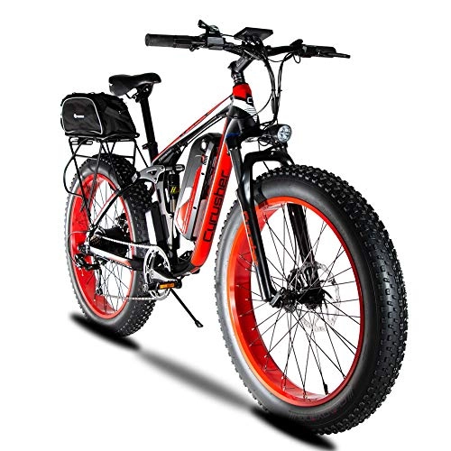 Electric Mountain Bike : Cyrusher Upgraded XF800 Electric Mountain Bike 750W / 1500W Upto 35mph 26inch Fat Tire e-Bike 7 Speeds Beach Cruiser Sports Mountain Bikes Full Suspension, Lithium Battery Hydraulic Disc Brakes(Red)