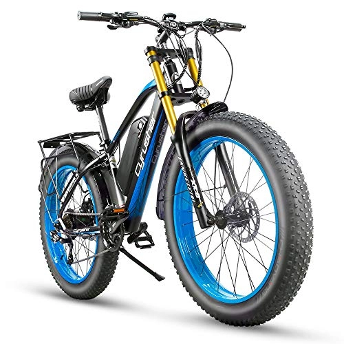 Electric Mountain Bike : Cyrusher XF650 Motorcycle Style Electric Bike 750W Bafang Motor 7 Speeds Fat Tire Electric Mountain Snow Beach Bike for Adults Hydraulic Disc Brakes with 17Ah Lithium Battery (Blue)