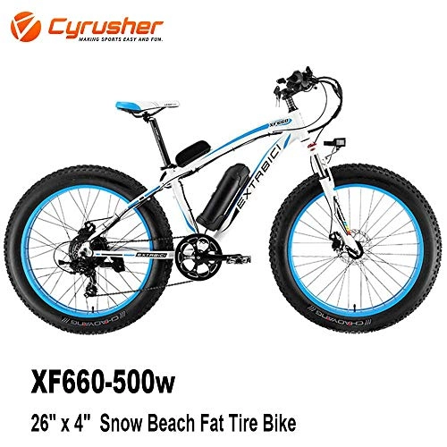Electric Mountain Bike : Cyrusher XF660 500W 26 inch Snow Beach Fat Tire Electric Mountain Bicycle Mens Mountain E-Bike with Hydraulic Disc Brakes Aluminum Frame MTB Hardtail E bike(Blue)