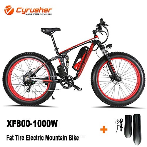 Electric Mountain Bike : Cyrusher XF800 750W Electric Mountain Bike 26inch Fat Tire e-Bike Shimano 7 Speeds Beach Cruiser Mens Sports Mountain Bike Full Suspension, Lithium Battery Hydraulic Disc Brakes(Red)