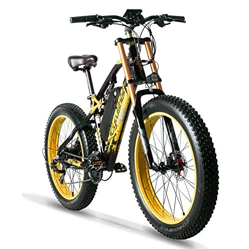 Electric Mountain Bike : Cyrusher XF900 Motorcycle Style Electric Bike 7 Speeds Fat Tire Electric Mountain Snow Beach Bike for Adults Hydraulic Disc Brakes with 17Ah Lithium Battery (Yellow)