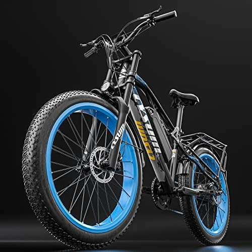 Electric Mountain Bike : cysum CM900 Pro Adult Electric Bike, 26 Inch Electric Fat Tire Bike, Men's Electric Mountain Bike, Beach Snow Mountain Ebike, 48v 17ah Removable Li-Battery, Range 90km, Colour LCD (Blue-Black)