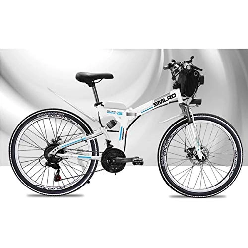 Electric Mountain Bike : Dapang 48V Electric Mountain Bike, 26 Inch Folding E-bike with 4.0" Fat Tyres Spoke Wheels, Premium Full Suspension, White