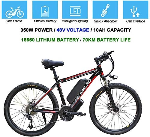 Electric Mountain Bike : Electric Bicycles for Adults, 360W Aluminum Alloy Ebike Bicycle Removable 48V / with 10Ah Lithium-Ion Battery Mountain Bike / Smart Mountain Bike (Black Red, 26inx17in)