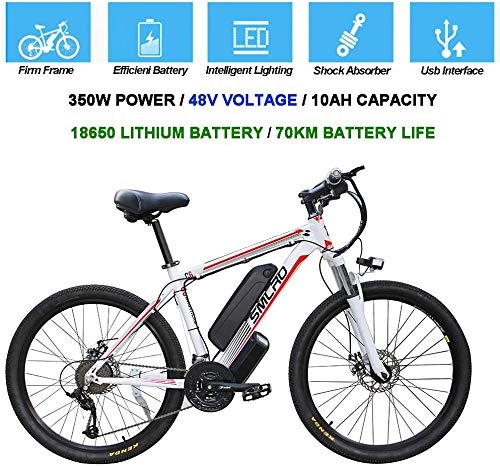Electric Mountain Bike : Electric Bicycles for Adults, 360W Aluminum Alloy Ebike Bicycle Removable 48V / with 10Ah Lithium-Ion Battery Mountain Bike / Smart Mountain Bike (White Red, 26inx17in)