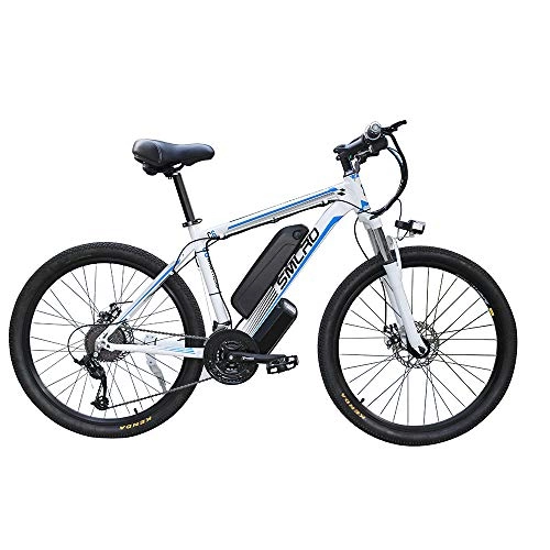 Electric Mountain Bike : Electric Bike, E-Bike Citybike Adult Bike with 350 W Motor 48V 10 AH Removable Lithium Battery 21 Speed Shifter for Commuter Travel, white blue