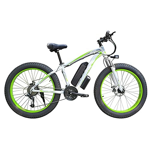 Electric Mountain Bike : Electric Bikes for Adults, Fat Tire Mountain Bicycle 26inch 48V 500W / 1000W 13AH All Terrain Beach Snow Removable Lithium-Ion Battery 21 Speed Gears Super Power E-Bike for Men Women (White Green, 1000W)