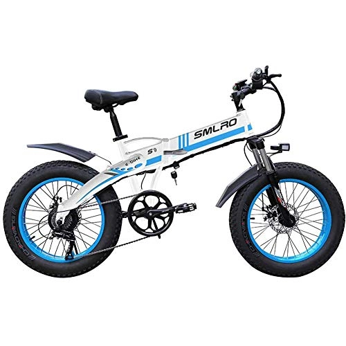 Electric Mountain Bike : Electric Fat Tire Bike, 20" 350W Adult Electric Mountain Bike, with Removable 48V 8Ah Lithium-Ion Battery, Professional 7 Speed Gears-Blue and white
