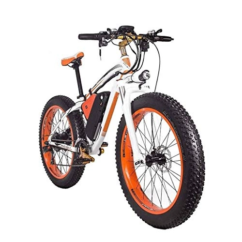 Electric Mountain Bike : Electric Fat Tire Bikes for Men, 21 Speed Full Suspension Mountain Bike Front and Rear Disc Brakes with Smart Meter and Removable Lithium Battery (Color : Orange)