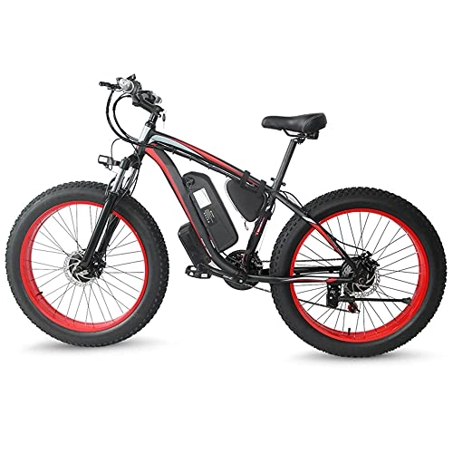 Electric Mountain Bike : Electric Mountain Bike 350W Motor 26" Fat Tire Electric Bike Snow Bike with Pedal Assist 48V 13Ah Removable Battery Professional 21-Speed Full Suspension Fork Disc Brake, Black Red