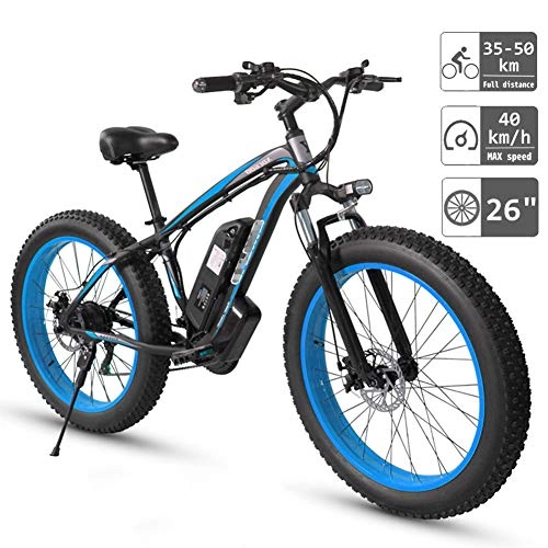 Electric Mountain Bike : Electric Off-Road Bikes 26" Fat Tire E-Bike 350W Brushless Motor 48V Adults Electric Mountain Bike 21 Speed Dual Disc Brakes, Aluminum Alloy Bicycles All Terrain for Men''s, Blue