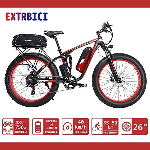 Electric Mountain Bike : Extrbici Upgraded Electric Mountain Bike 750W / 1500W Upto 35mph 26inch Fat Tire e-Bike Beach / Mountain Bikes Full Suspension Lithium Battery Hydraulic Disc Brakes XF800 Delivery From UK Warehouse (RED)