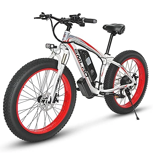 Electric Mountain Bike : Fat Tire Electric Bike for Adults Men - 26 inch Mountain Bike Motor Removable Battery Waterproof 48V 15A- Shimano 21 Speed Transmission Gears E Bikes Double Disc Brake (Red)