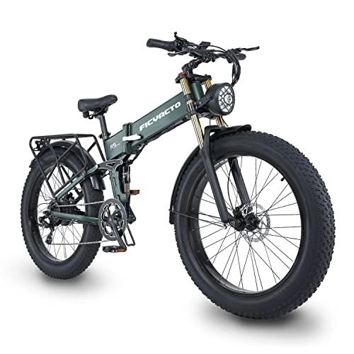Electric Mountain Bike : Ficyacto Electric Bike, 48V15AH Battey, 26 * 4.0 Fat Tire Electric Bike, Shimano 8-Speed Mountain Ebike for Men (Green)