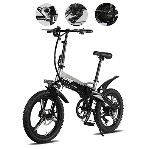 Electric Mountain Bike : Foldable Mountain Bikes 48V 250W Adults Aluminum Alloy 7 Speeds Electric Bicycles Double Shock Absorber Bikes with 20inch Tire, Disc Brake and Full Suspension Fork, Gray