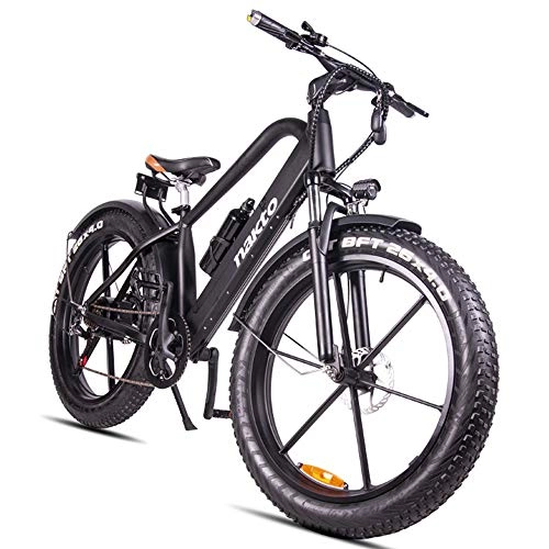 Electric Mountain Bike : H＆J Electric mountain bike, 26-inch hybrid bicycle / 18650 lithium battery 48V 6-speed hydraulic shock absorber & front and rear disc brakes, durability up to 70km (4inch tire width)
