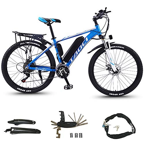 Electric Mountain Bike : HAOYF 21-Speed Electric Bicycle, 350W Motor 30 Km / H 26-Inch E-Bike with Removable 36V 10Ah Lithium Battery, 3 Riding Modes, Lockable Suspension Fork, Blue, Spoke Wheel