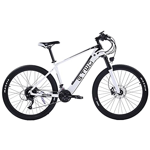 Electric Mountain Bike : High Quality 27.5 Inch Electric Carbon Fiber Bike, adpopt 350W Motor, Pneumatic Shock Absorber Front Fork, 27 Speed Mountain Bicycle (Black White, 9.6Ah)