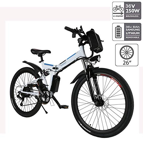 Electric Mountain Bike : Hiriyt 26'' Electric Mountain Bike with Removable Large Capacity Lithium-Ion Battery (36V 250W), Electric Bike 21 Speed Gear and Three Working Modes (26"_White)
