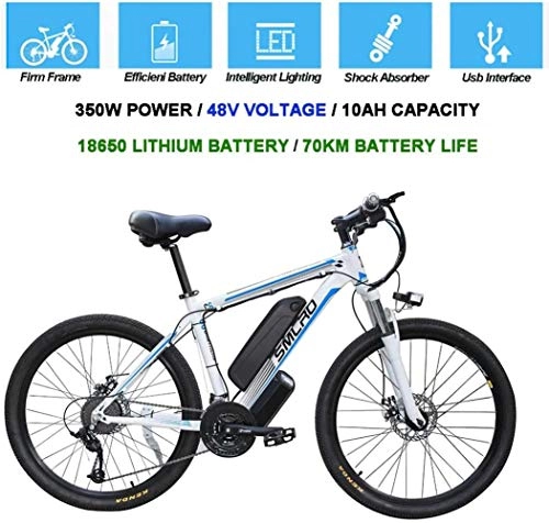 Electric Mountain Bike : Home Electric Bycicles for Men, 26" 48V 360W IP54 Waterproof Adult Electric Mountain Bike, 21 Speed Electric Bike MTB Dirtbike with 3 Riding Modes, white blue