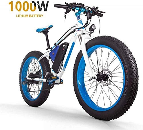 Electric Mountain Bike : HSART 1000W Electric Bike for Adults, 48V 17.5AH Mountain Ebike 26" Fat Tire MTB 27 Speed Gear Commute / Offroad Electric Bicycle for Men Women, White Blue