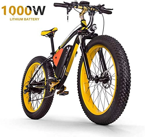 Electric Mountain Bike : HSART 26" Electric Bicycle 1000W Mountain Bike, Fat Tires Commute / Offroad Ebike with 48V 17.5AH Lithium-Ion Battery 27 Speed Gear Aluminum Alloy MTB, Black Yellow